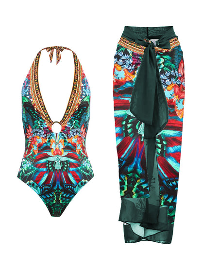 Vintage Butterfly  Deep V Print One Piece Swimsuit And Cover up