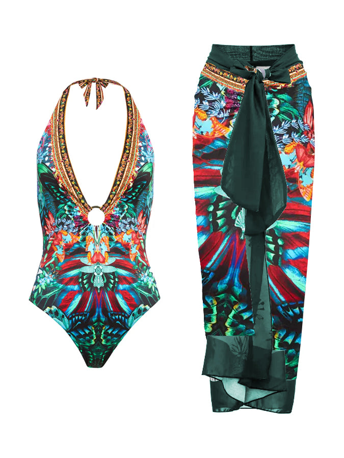Vintage Butterfly  Deep V Print One Piece Swimsuit And Cover up