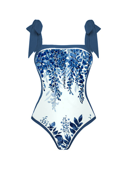 Blue and White Leaf Print One-Piece Swimsuit And Cover Up
