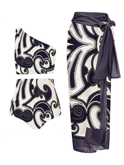 Fashion Printed One Shoulder High Waist One Piece Swimsuit