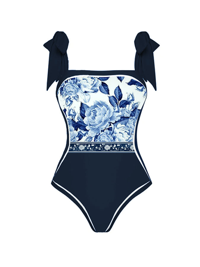 Blue and White Porcelain Print Color Block One-Piece Swimsuit And Cover Up