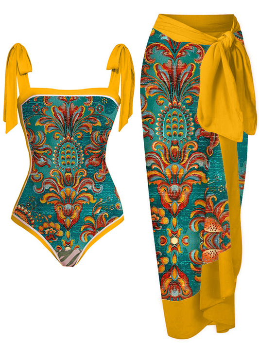 Fashion Print Tie One Piece Swimsuit