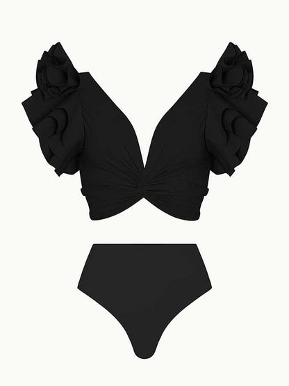 Solid Ruffle V-Neck Bikini