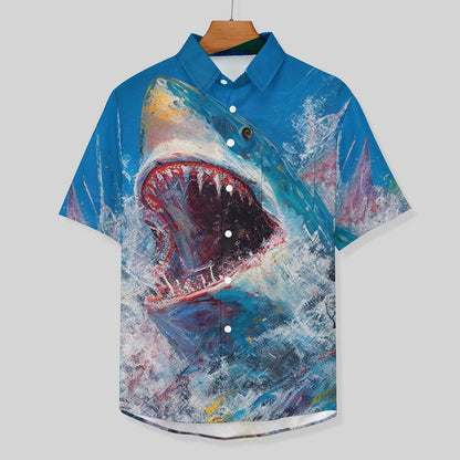 Men's Canvas Shark Art Print Vacation Hawaiian Shirt 2305106642