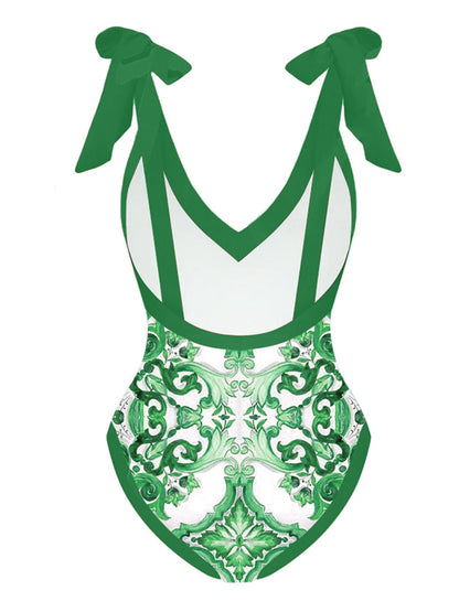 Fashion Vintage V-Neck Print One-Piece Swimsuit Set