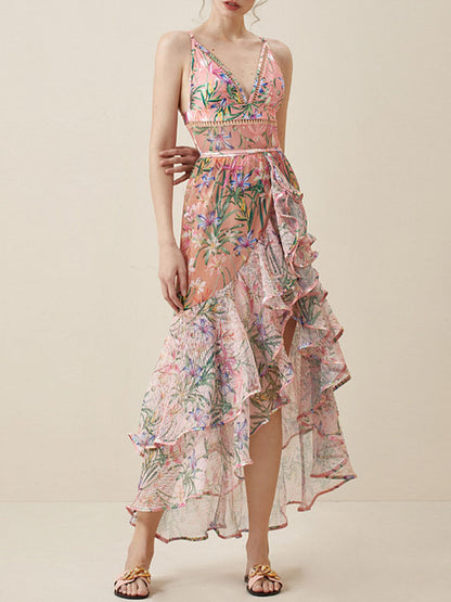 Floral Print One Piece Swimsuit and Mesh Splicing Sarong