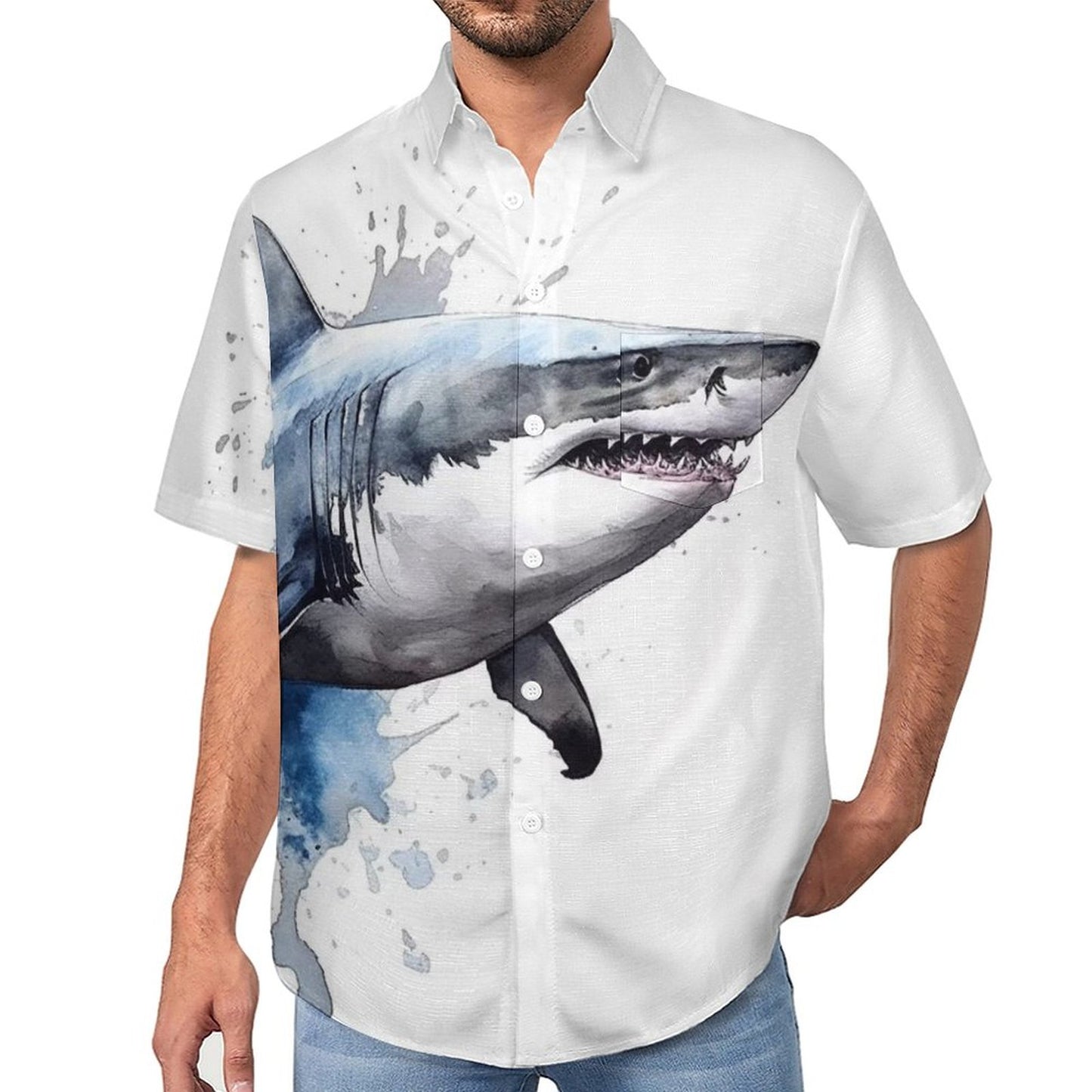 Men's Shark Painted Art Print Vacation Hawaiian Shirt