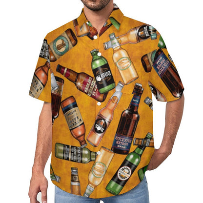 Yellow Beer Print Men's Linen Vacation Hawaiian Shirt