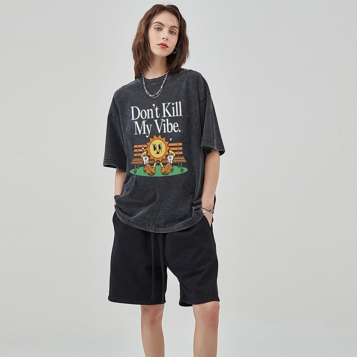 Unisex Vintage Solid Wash Denim T-Shirts 2306104536