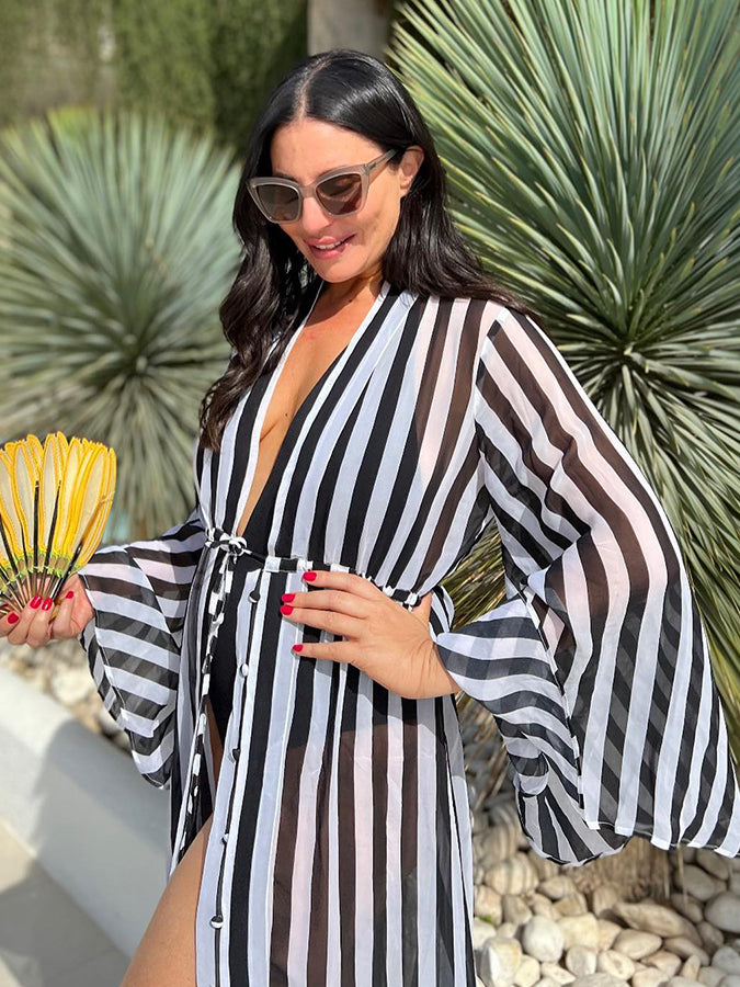 Stripe Print One Piece Swimsuits and Kimono