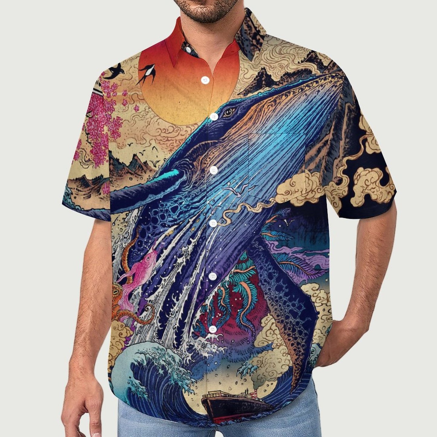 Men's Ukiyo-e Sea Life Print Vacation Hawaiian Shirt 2305106995