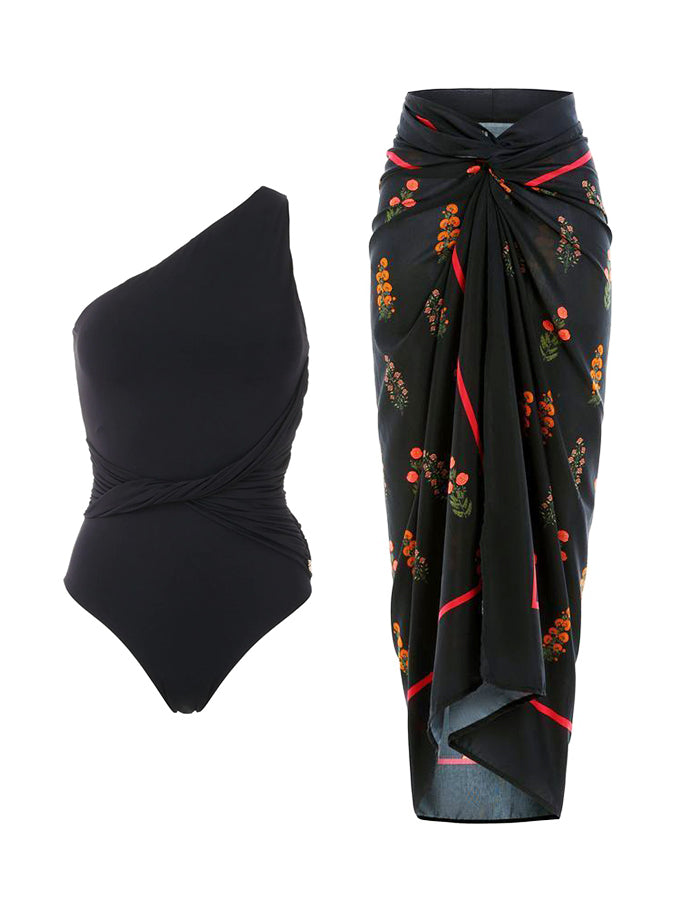 Plain One Shoulder One-Piece Swimsuit And Cover Up