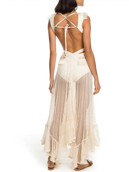 V Neck Tassel Cut Out One Piece Swimsuit