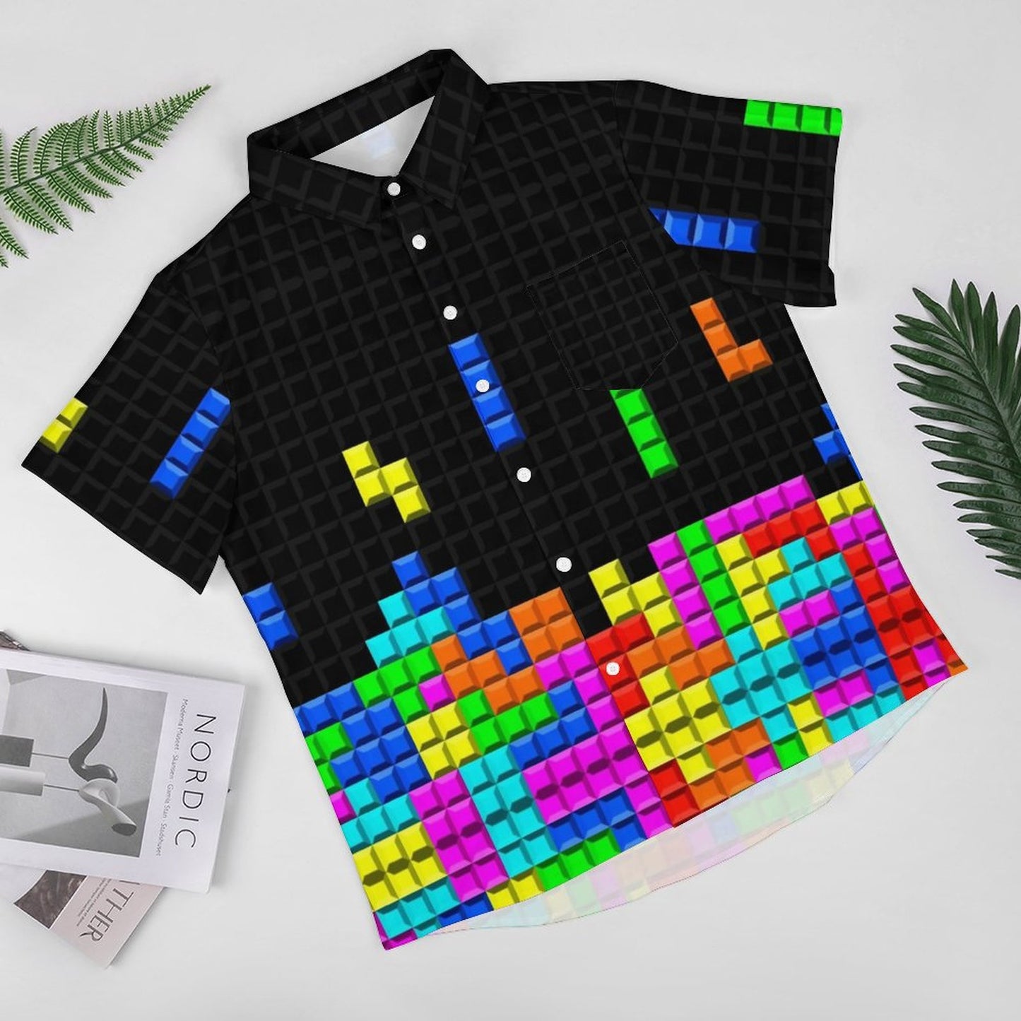 Men's Tetris Print Casual Short Sleeve Shirt 2306102366