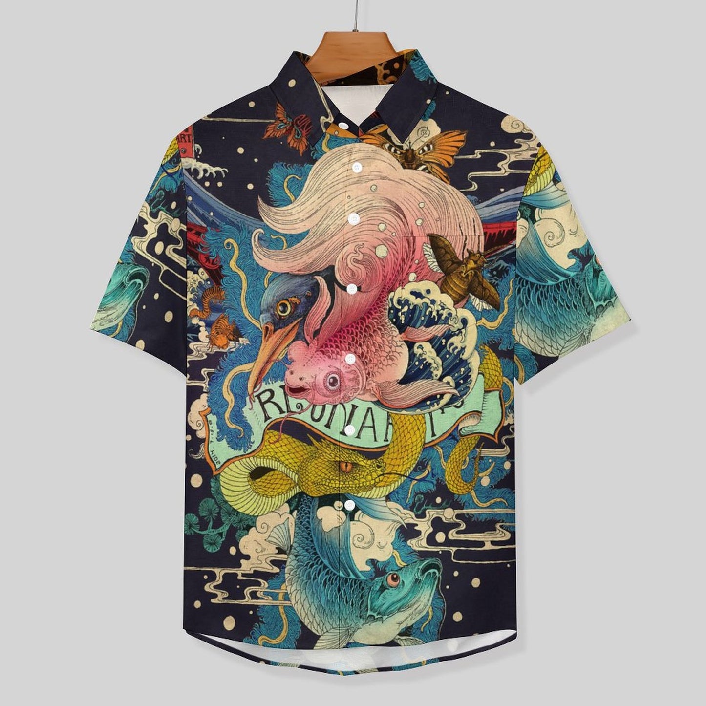 Men's Ukiyo-e Sea Life Print Vacation Hawaiian Shirt 2305107206