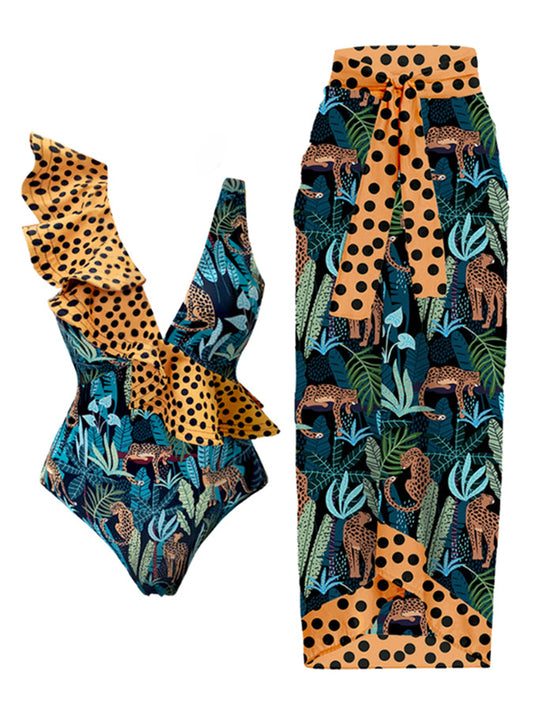 Vintage Colorblock Polka Dot Print One-Piece Swimsuit