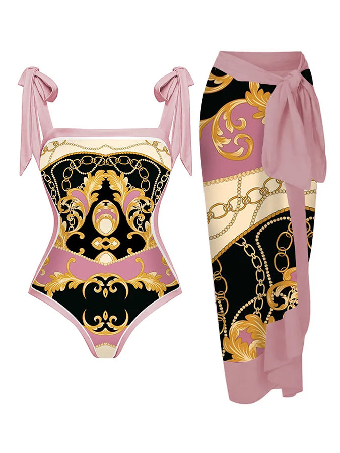 Vintage Print One Piece Swimsuit and Cover Up