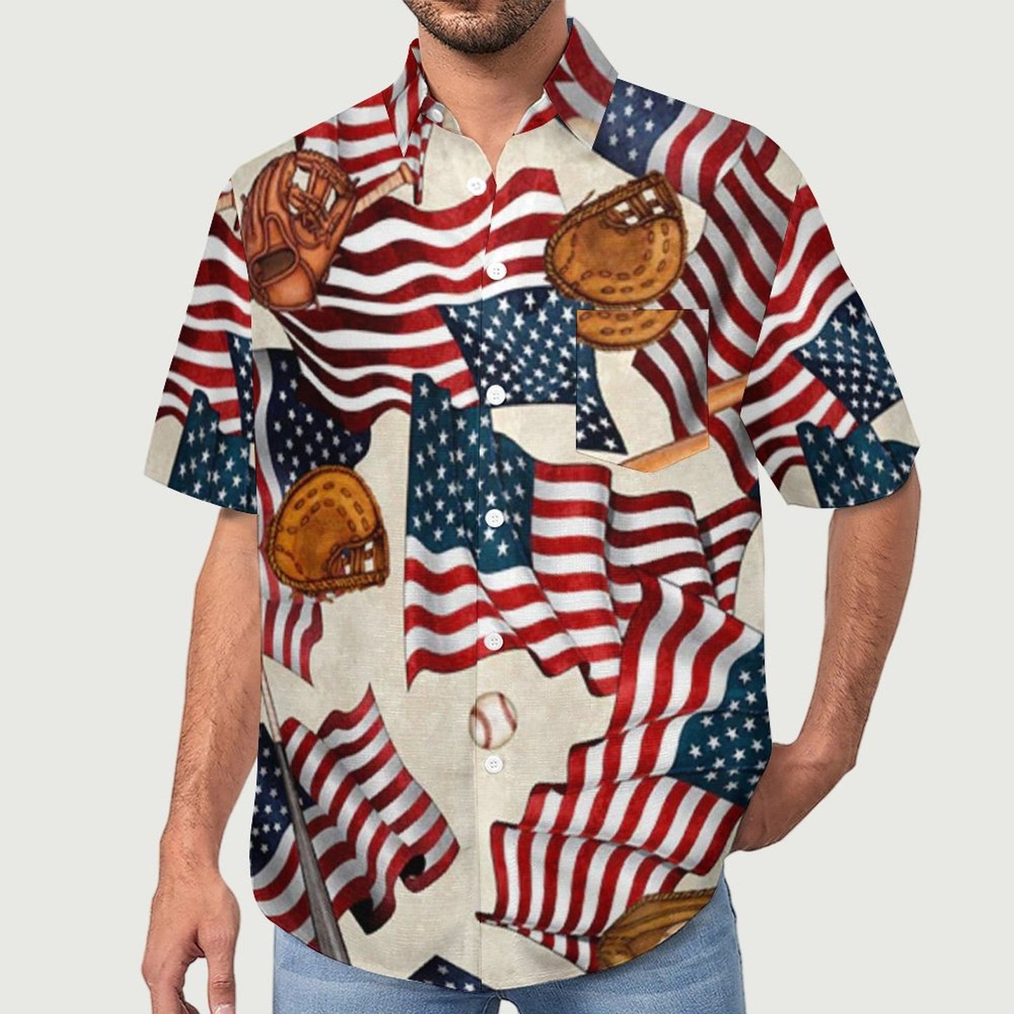 Men's American Flag Baseball Painted Print Vacation Hawaiian Shirt