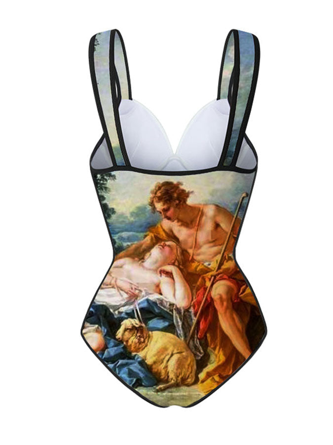 Vintage Print One Piece Swimsuit and Cover Up