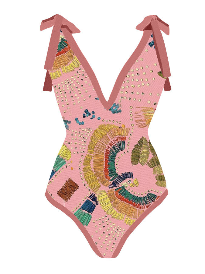 Deep V Print One Piece Swimsuit and Cover Up