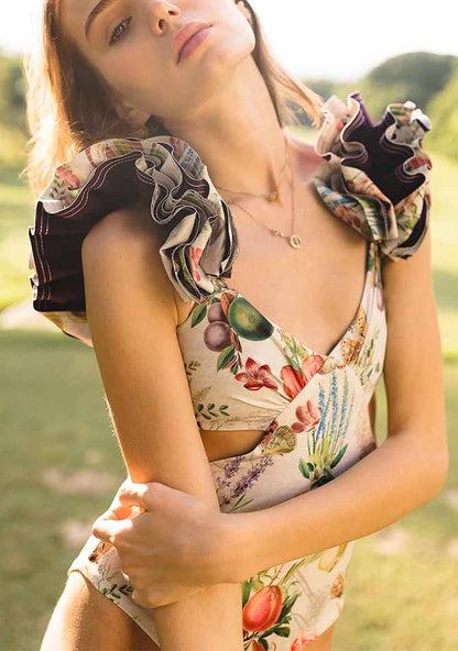 V-Neck Ruffle Print One-Piece Swimsuit