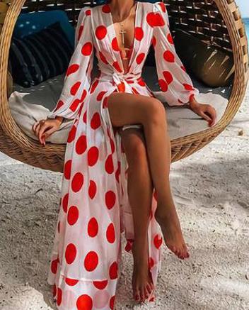 Polka-Dot Floral-Print Puff Sleeves Dress