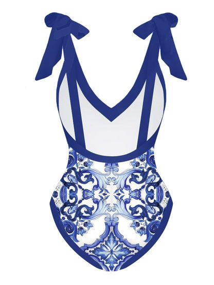 Fashion Vintage V-Neck Print One-Piece Swimsuit Set