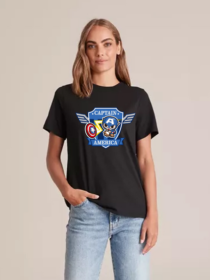 Women's Casual Little Captain America Printed Round Neck Short Sleeve T-Shirt