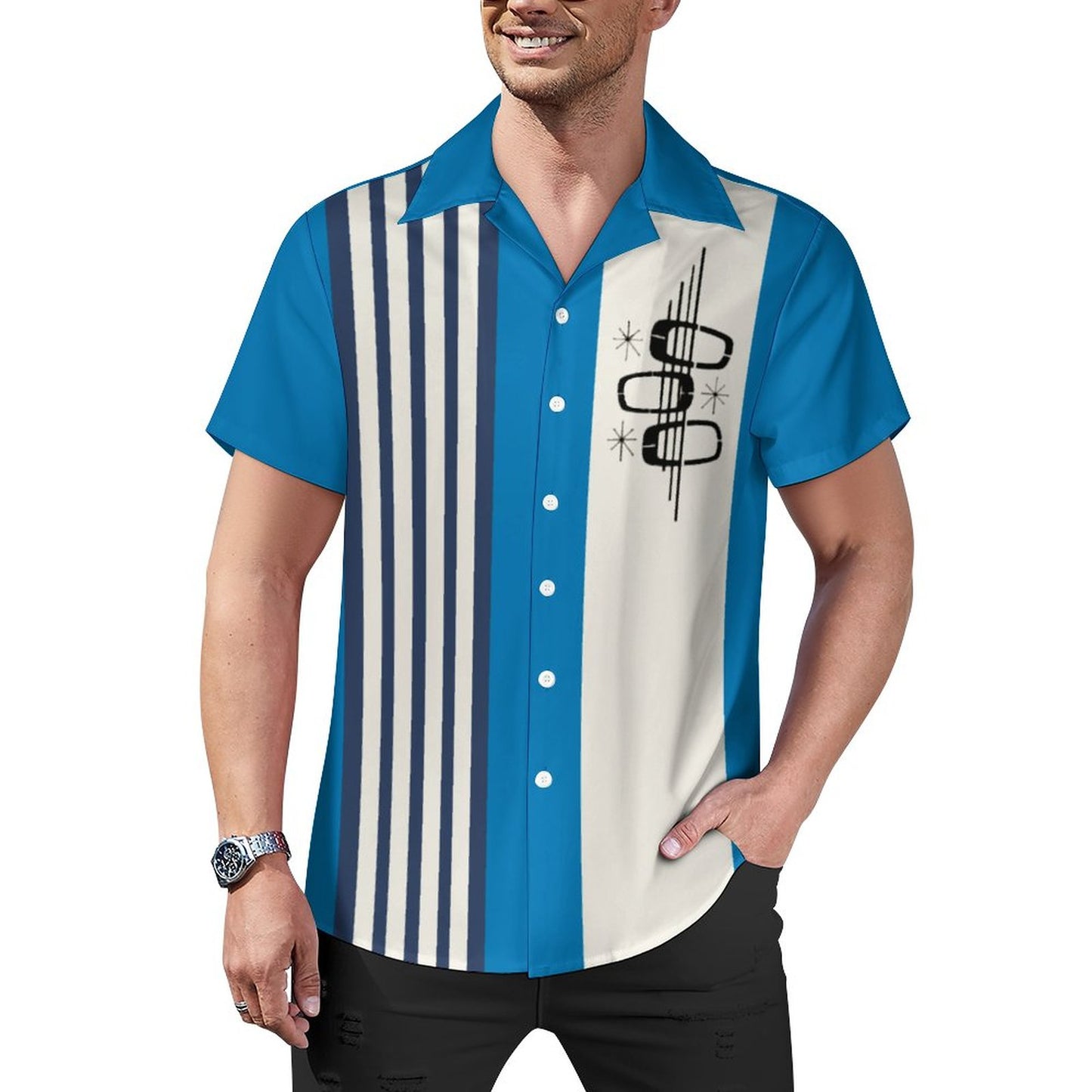 Striped Geometric Print Hawaiian Men's Casual Shirt