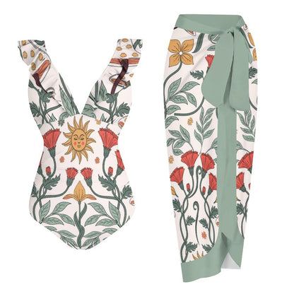 Casual Printed One Piece Swimsuit And Cover Up 2306102471