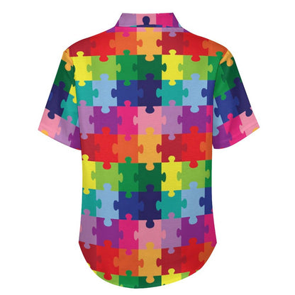 Men's Hawaiian Colorful Puzzle Print Vacation Shirt 2306101599