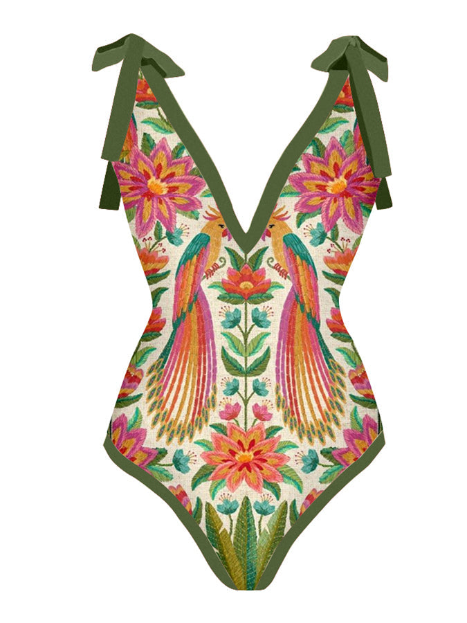Vintage V-Neck Animal Print One-Piece Swimsuit