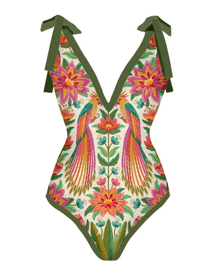 Vintage V-Neck Animal Print One-Piece Swimsuit