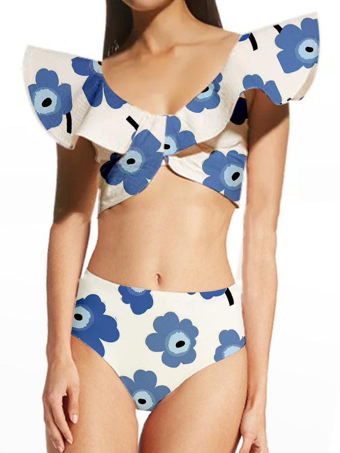 Solid Ruffled Split Swimsuit and Beach Skirt