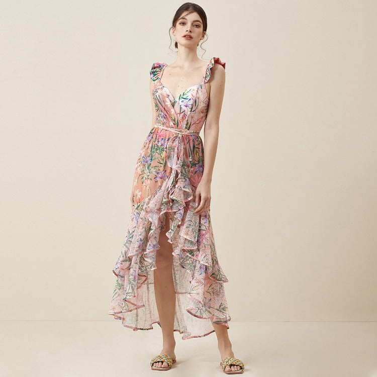 Floral Print One Piece Swimsuit and Mesh Splicing Sarong