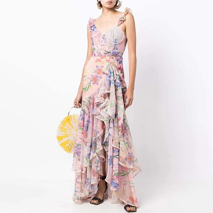 Floral Print One Piece Swimsuit and Mesh Splicing Sarong