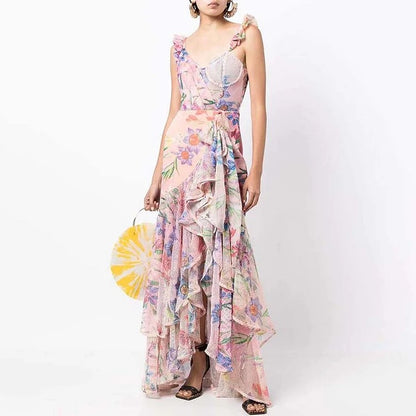 Floral Print One Piece Swimsuit and Mesh Splicing Sarong