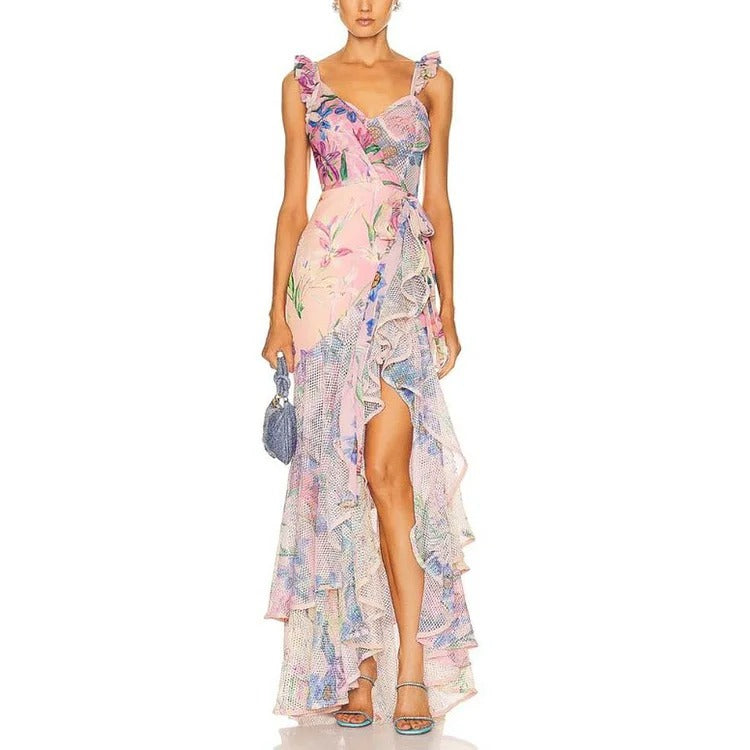 Floral Print One Piece Swimsuit and Mesh Splicing Sarong