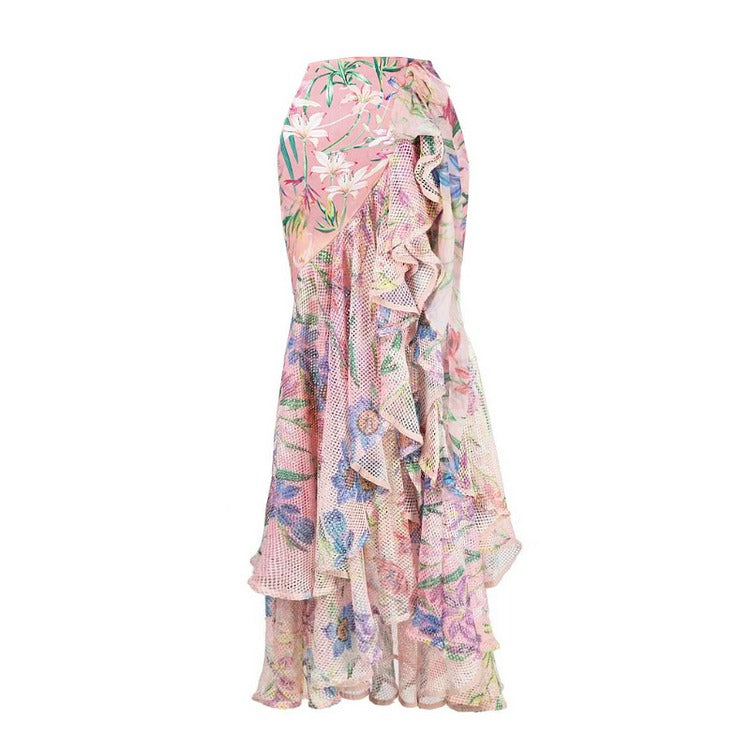 Floral Print One Piece Swimsuit and Mesh Splicing Sarong