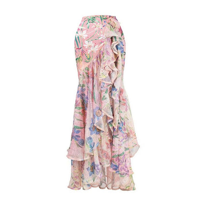 Floral Print One Piece Swimsuit and Mesh Splicing Sarong