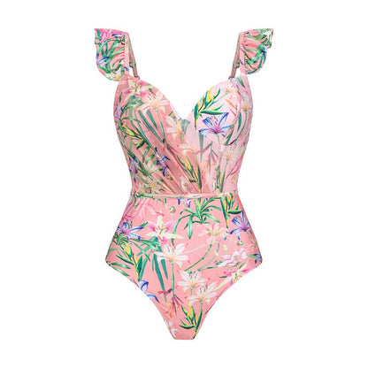 Floral Print One Piece Swimsuit and Mesh Splicing Sarong