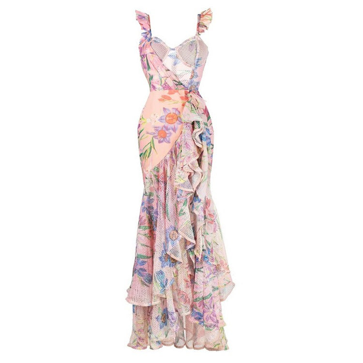Floral Print One Piece Swimsuit and Mesh Splicing Sarong