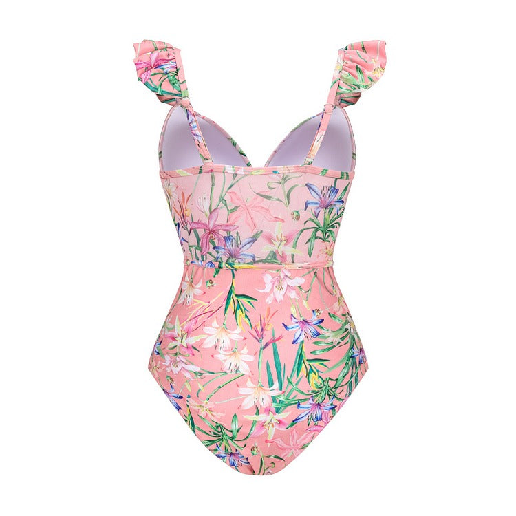 Floral Print One Piece Swimsuit and Mesh Splicing Sarong