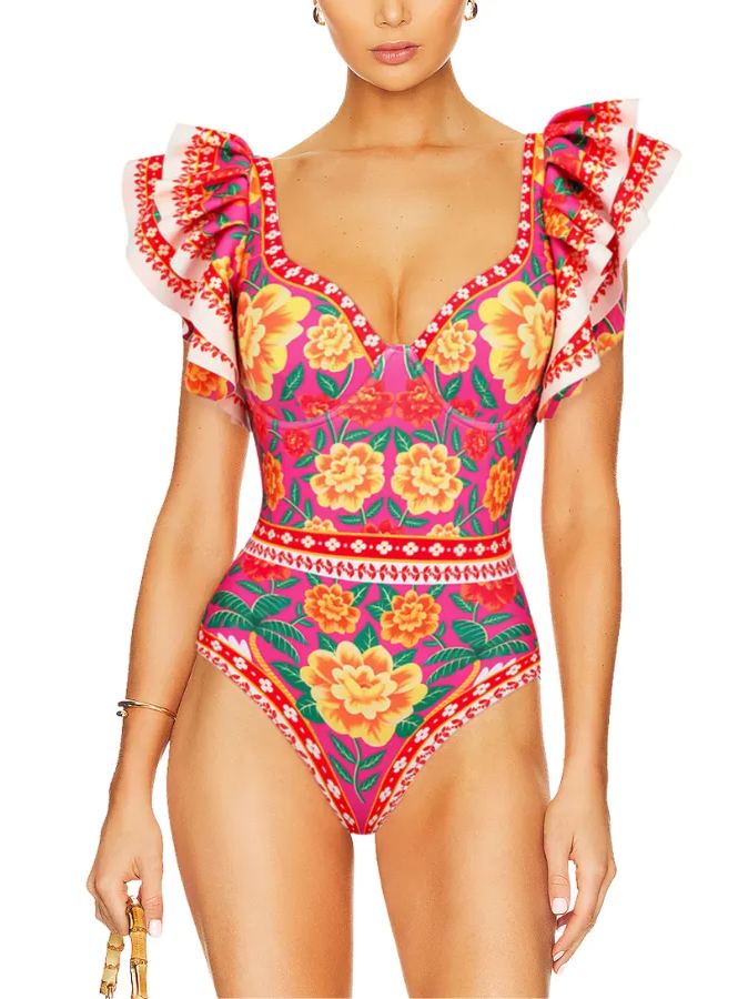 Ruffled Contrast Print One Piece Swimsuit and Sarong