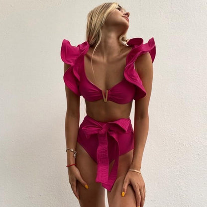 Ruffles Solid High Waist Bikini Set